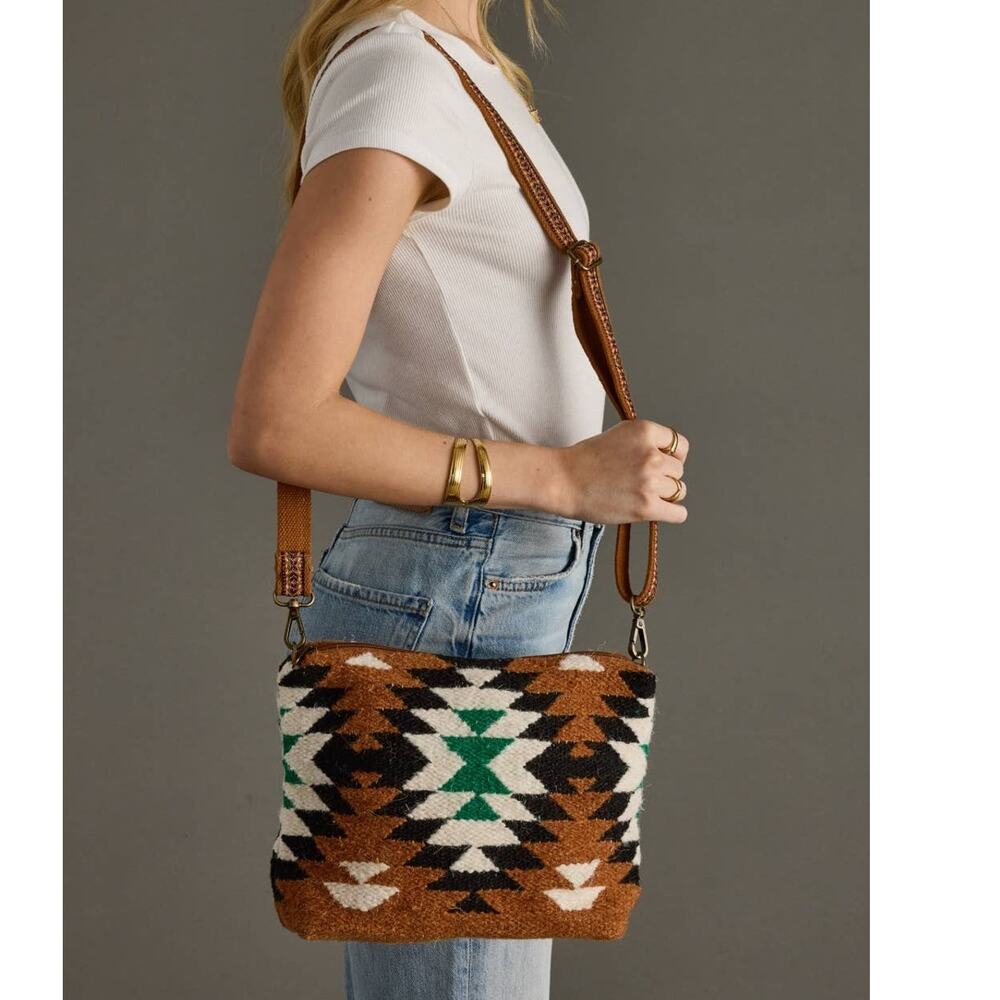 Brown, Black, Green, White Boho Western Woven Wool Crossbody Bag